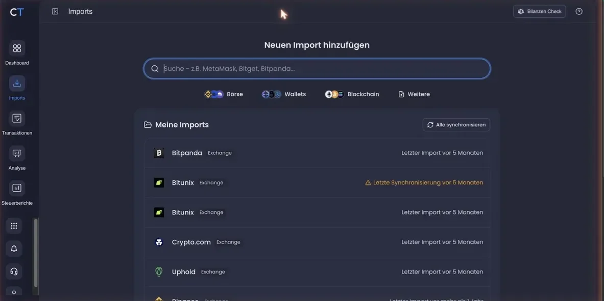 CoinTracking Imports-Übersicht mit Suchfeld für neue Importe und der Liste der angebundenen Börsen