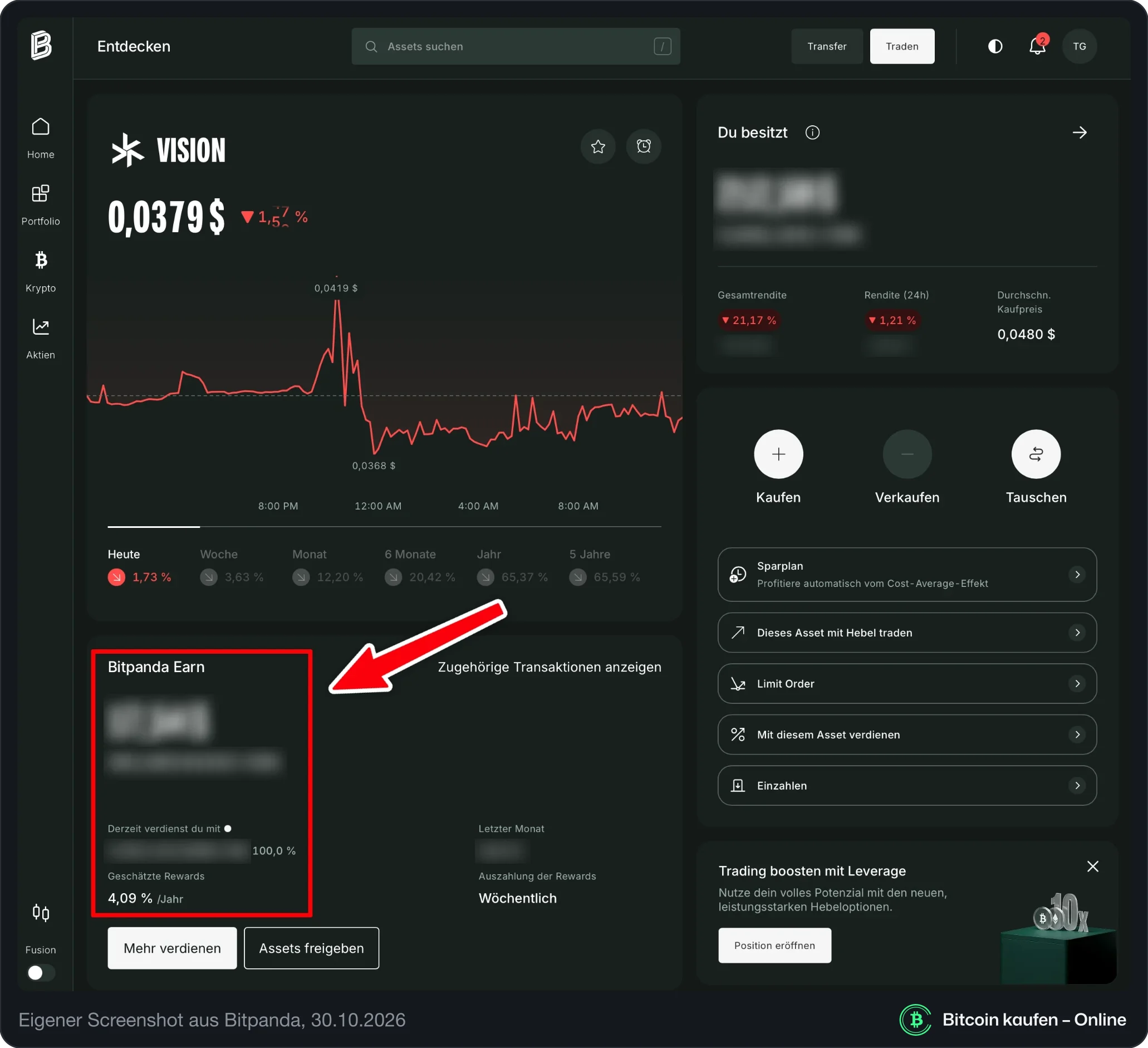 Eigener Screenshot aus Bitpanda: Vision (VSN) mit dem Bereich Bitpanda Earn, geschätzte Rewards 4,09 Prozent pro Jahr, Auszahlung der Rewards wöchentlich, Beträge unkenntlich